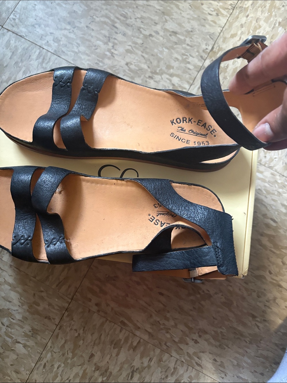 Kork-Ease Black Leather Three-Strap Ankle Sandals